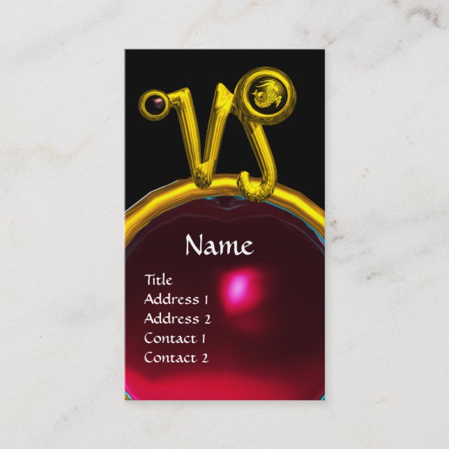 CAPRICORN ZODIAC SIGN JEWEL MONOGRAM, Red Ruby Business Card (Front)