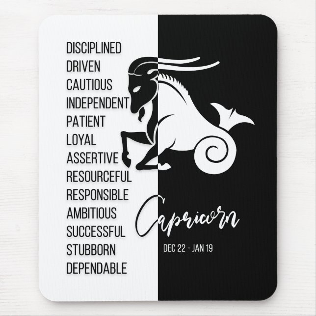 Capricorn Zodiac Sign Mousepad, Black & White Mouse Mat (Front)