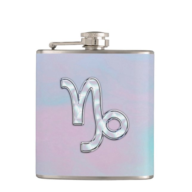 Capricorn Zodiac Sign on Mother of Pearl Style Hip Flask (Front)