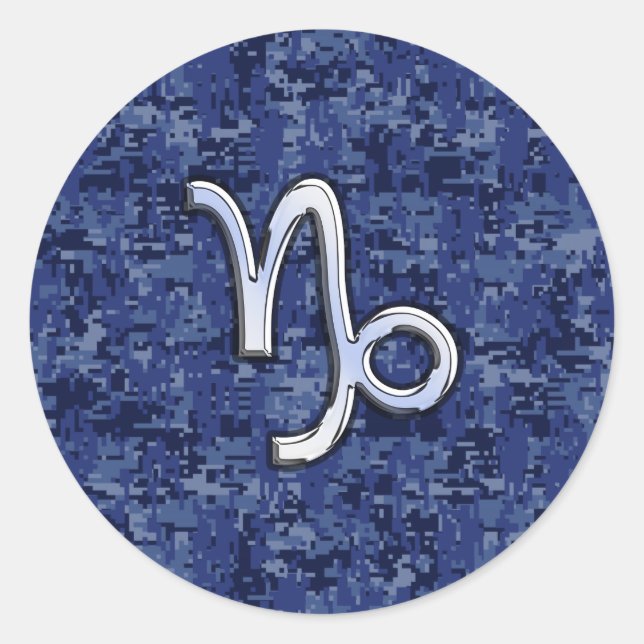 Capricorn Zodiac Sign on navy blue digital camo Classic Round Sticker (Front)