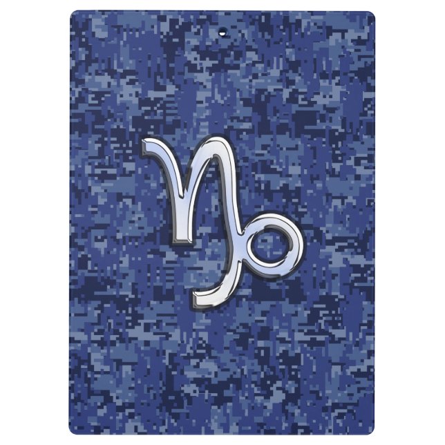 Capricorn Zodiac Sign on navy blue digital camo Clipboard (Back)