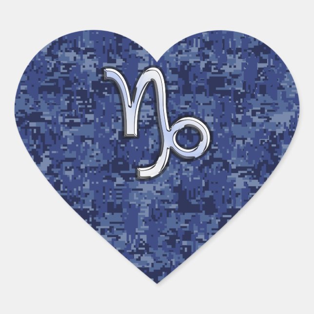 Capricorn Zodiac Sign on navy blue digital camo Heart Sticker (Front)