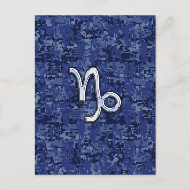 Capricorn Zodiac Sign on navy blue digital camo Postcard (Front)