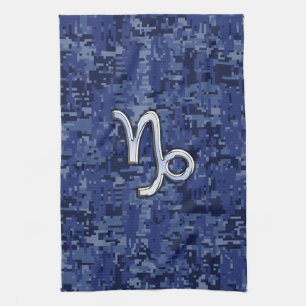 Capricorn Zodiac Sign on Navy Digital Camouflage Tea Towel