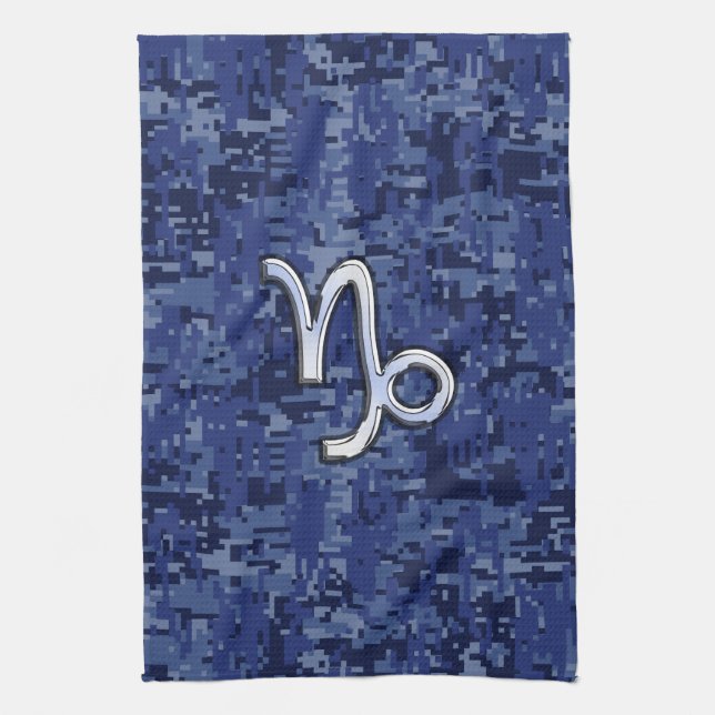 Capricorn Zodiac Sign on Navy Digital Camouflage Tea Towel (Vertical)