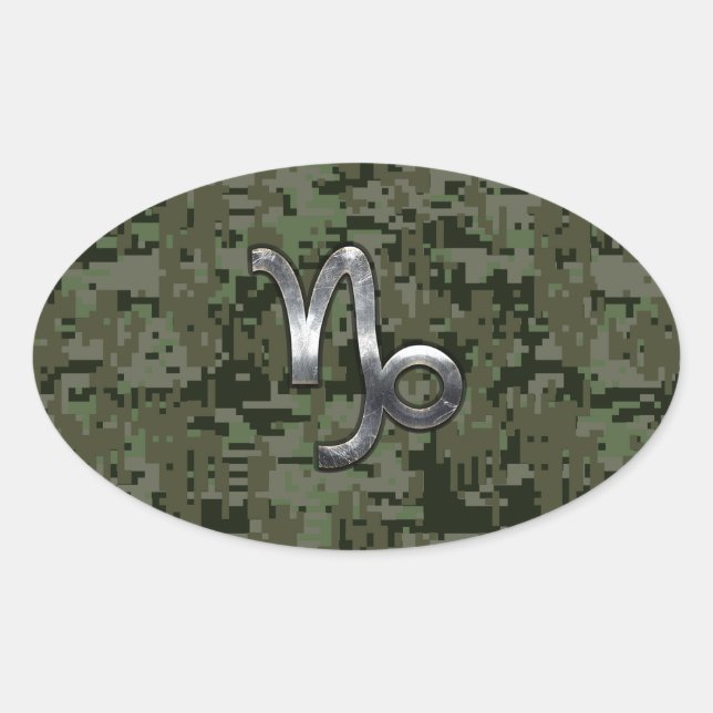 Capricorn Zodiac Sign on olive green digital camo Oval Sticker (Front)