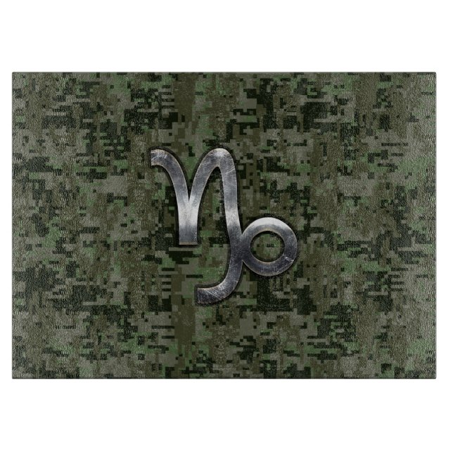 Capricorn Zodiac Sign on Woodland Digital Camo Cutting Board (Front)