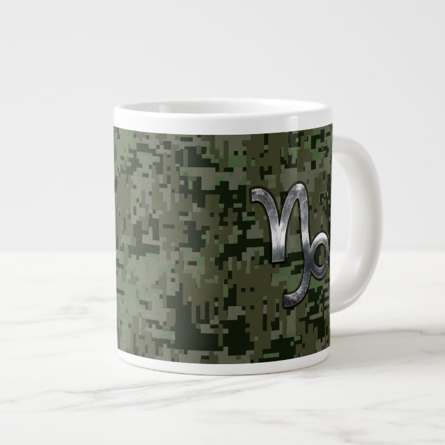 Capricorn Zodiac Sign on Woodland Digital Camo Large Coffee Mug (Front Right)