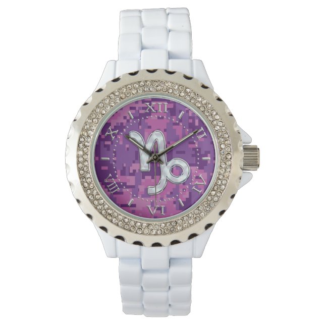 Capricorn Zodiac Sign Pink Camouflage Dial Watch (Front)