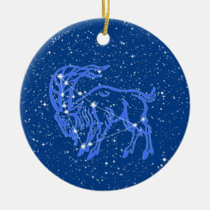 Capricorn Zodiac Sign with Stars on Deep Blue Cera Ceramic Tree Decoration