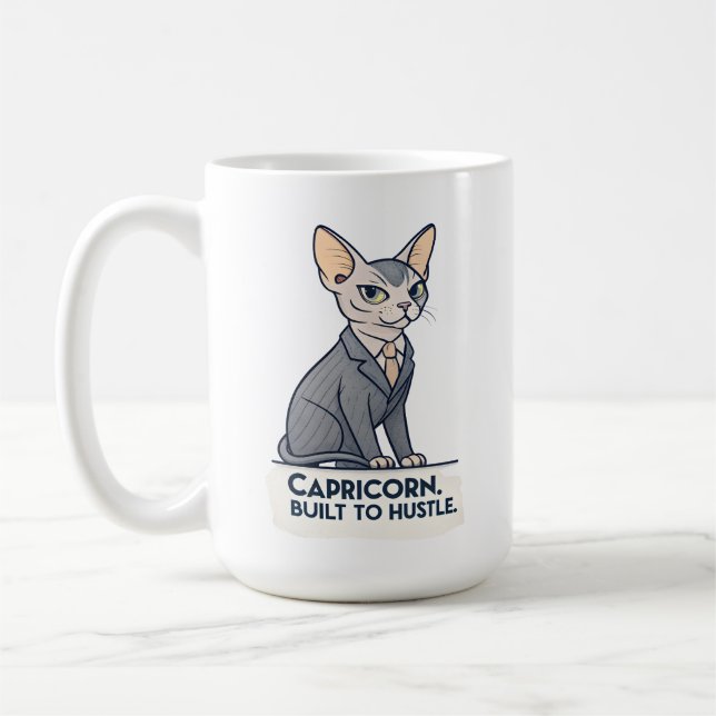 Capricorn Zodiac Sphynx Cat Built Hustle Art Coffee Mug (Left)