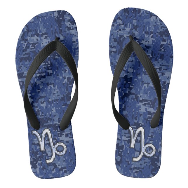 Capricorn Zodiac Symbol Blue Digital Camouflage Flip Flops (Footbed)