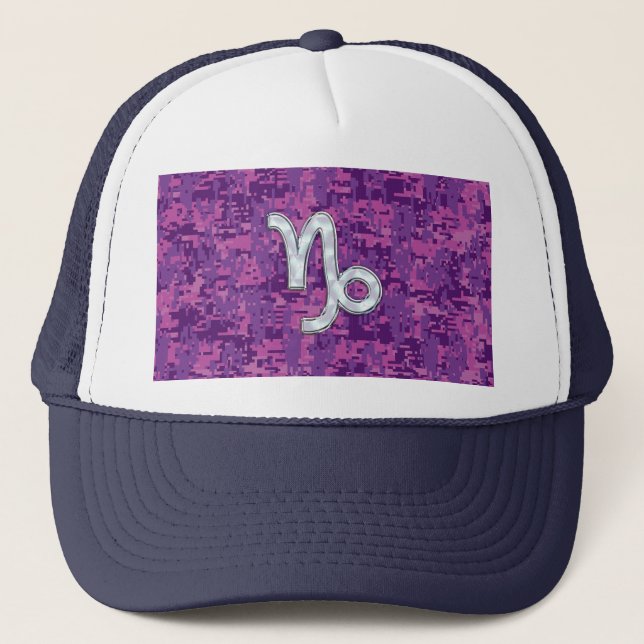 Capricorn Zodiac Symbol Fuchsia Digital Camouflage Trucker Hat (Front)