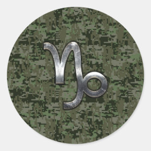 Capricorn Zodiac Symbol Green Digital Camouflage Classic Round Sticker