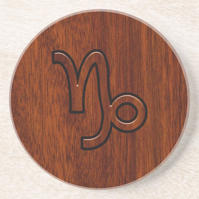 Capricorn Zodiac Symbol in Wood Grain Style Coaster (Front)