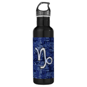 Capricorn Zodiac Symbol on Blue Digital Camo 710 Ml Water Bottle