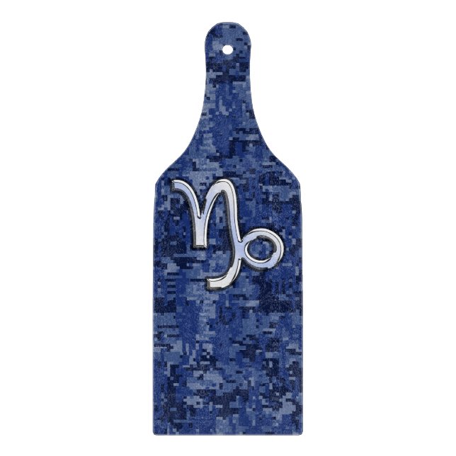 Capricorn Zodiac Symbol on Blue Digital Camo Cutting Board (Front)