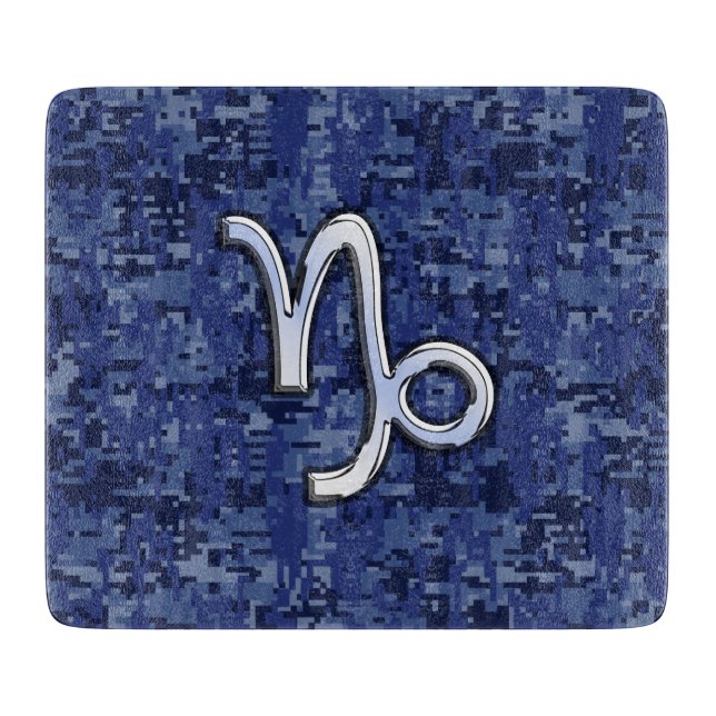 Capricorn Zodiac Symbol on Blue Digital Camo Cutting Board (Front)