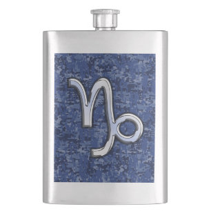 Capricorn Zodiac Symbol on Blue Digital Camo Hip Flask