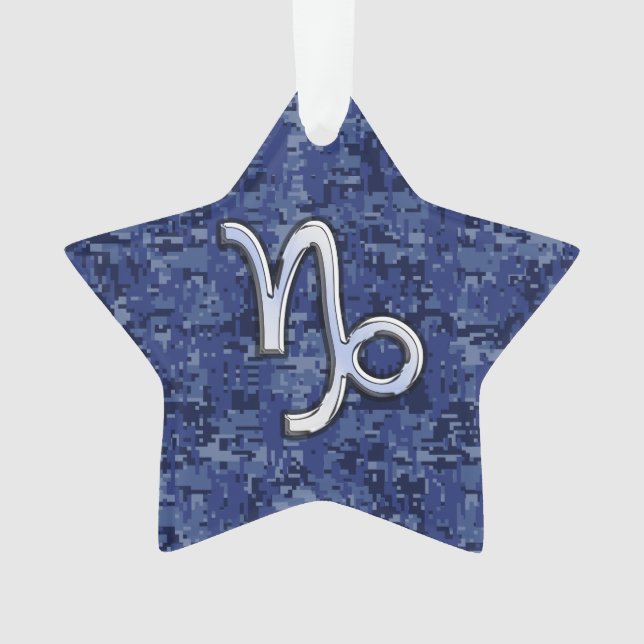 Capricorn Zodiac Symbol on Blue Digital Camo Ornament (Front)