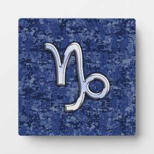 Capricorn Zodiac Symbol on Blue Digital Camo Plaque