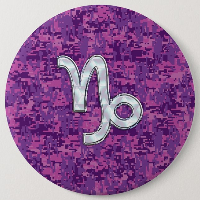 Capricorn Zodiac Symbol on Fuchsia Digital Camo 6 Cm Round Badge (Front)