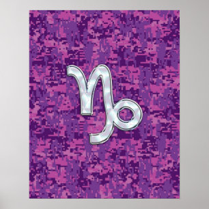 Capricorn Zodiac Symbol on Fuchsia Digital Camo Poster