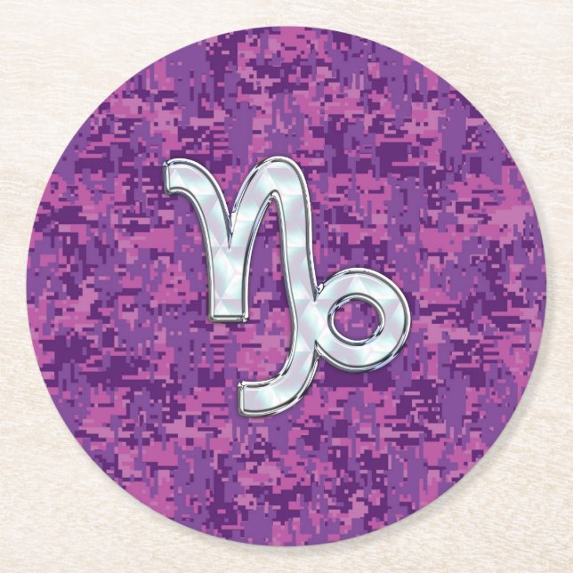 Capricorn Zodiac Symbol on Fuchsia Digital Camo Round Paper Coaster (Front)
