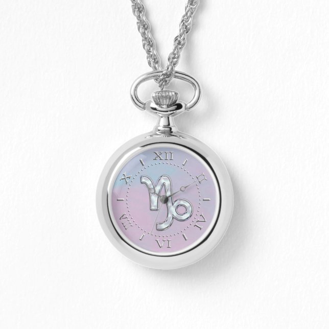 Capricorn Zodiac Symbol on Mother of Pearl Dial Watch (Front)