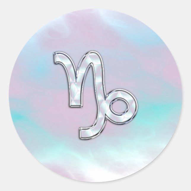 Capricorn Zodiac Symbol on Mother of Pearl Nacre Classic Round Sticker (Front)