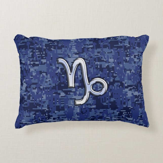 Capricorn Zodiac Symbol on navy blue digital camo Decorative Cushion (Front)
