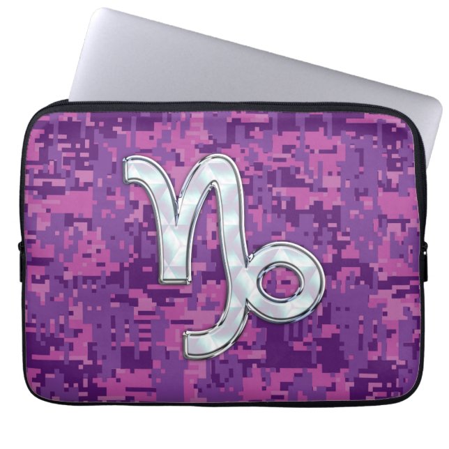 Capricorn Zodiac Symbol on Pink Camouflage Laptop Sleeve (Front)