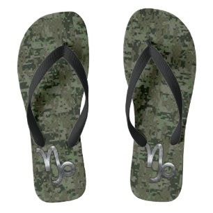 Capricorn Zodiac Symbol Woodland Camouflage Flip Flops