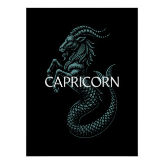 Capricorn Zodiac – Vintage Sea-Goat in Teal   Poster
