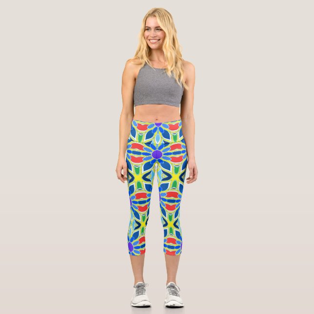 Capris, A colourful trendy fabric pattern design Capri Leggings (Front)