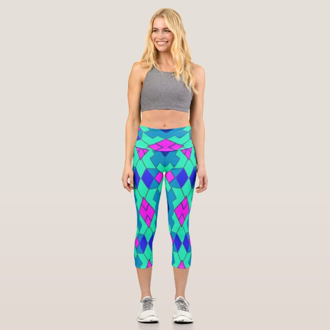 Capris, A multicolor geometric pattern design Capri Leggings (Front)