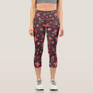 Capris Leggings in Black with Pink Flowers
