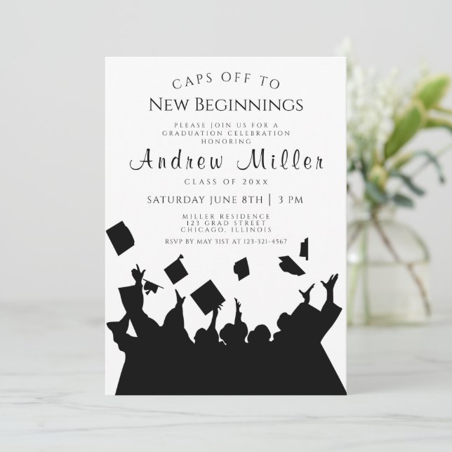 Caps off Graduation Party invitation (Standing Front)