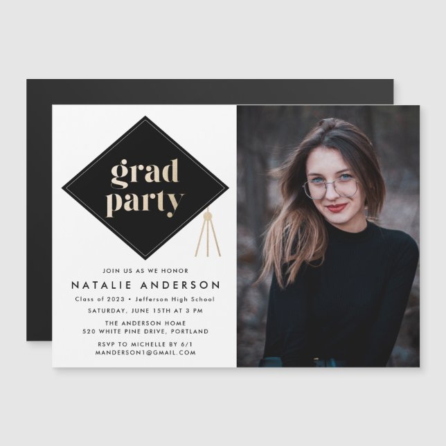 Caps Off Photo Graduation Party Magnetic Invitation (Front/Back)