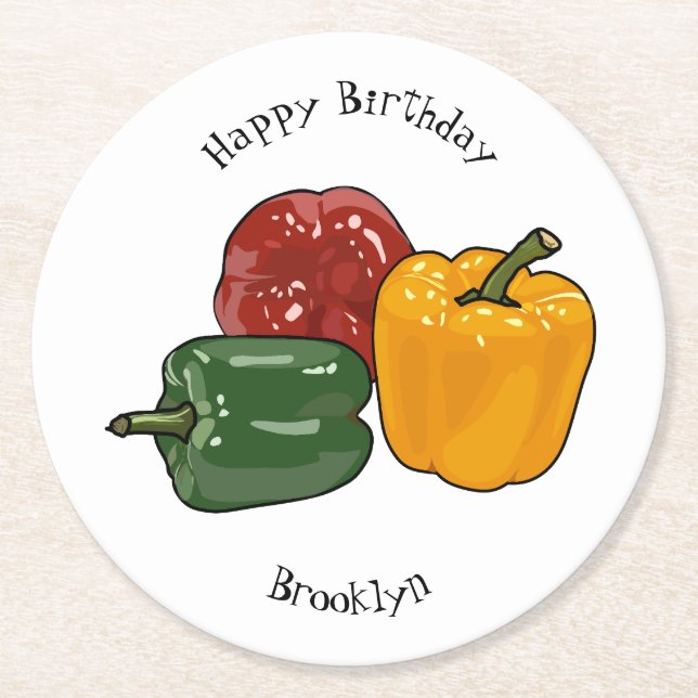 Capsicum cartoon illustration round paper coaster (Front)