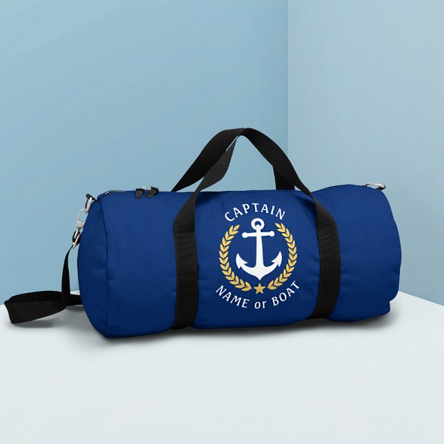 Captain Anchor Boat Name Gold Laurel Navy Gym Duffle Bag (2 sizes to choose from. Edit to change to any color needed.)