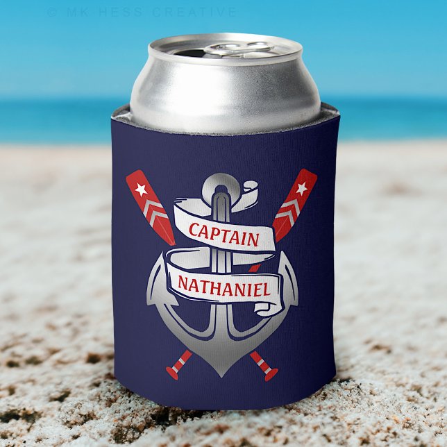 Captain Anchor Nautical Oars Navy Blue Custom Name Can Cooler (Creator Uploaded)