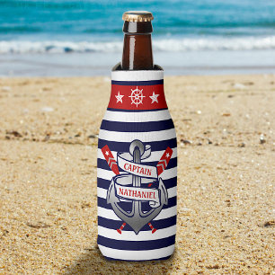 Captain Anchor Nautical Oars Stripes Personalised Bottle Cooler