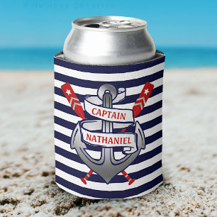 Captain Anchor Nautical Oars Stripes Personalised Can Cooler