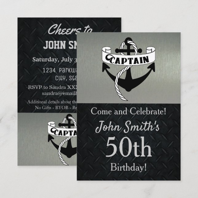 Captain Anchor Sailing Birthday Silver Black Invitation (Front/Back)