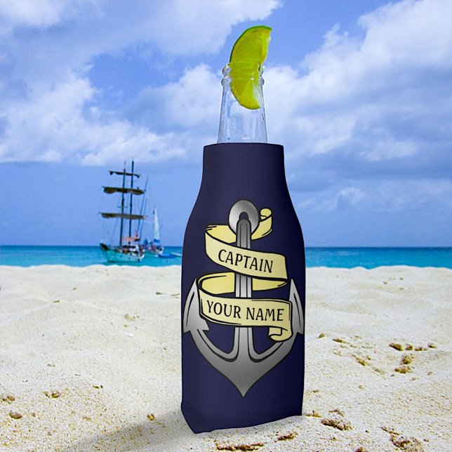 Captain Anchor Ship Boat Nautical Sea Custom Name Bottle Cooler (Creator Uploaded)