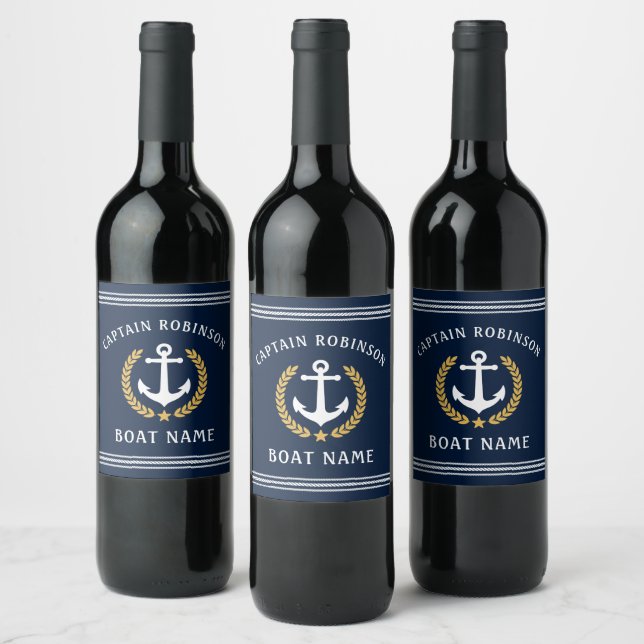 Captain And Boat Name Anchor Gold Laurel Navy  Wine Label (Bottles)