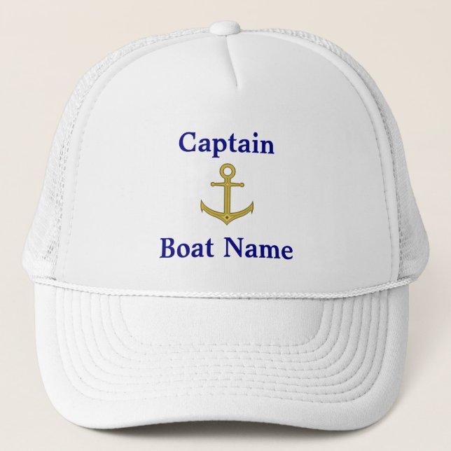 Captain and Boat Name Navy Blue Text Gold Anchor Trucker Hat (Front)