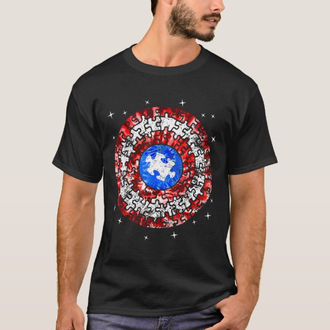 Captain Autism Awareness Puzzle Superhero Shield T-Shirt (Front)