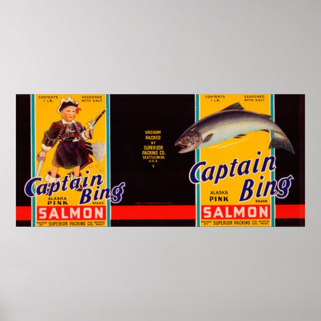 Captain Bing Brand Salmon Label- Seattle, WA Poster (Front)